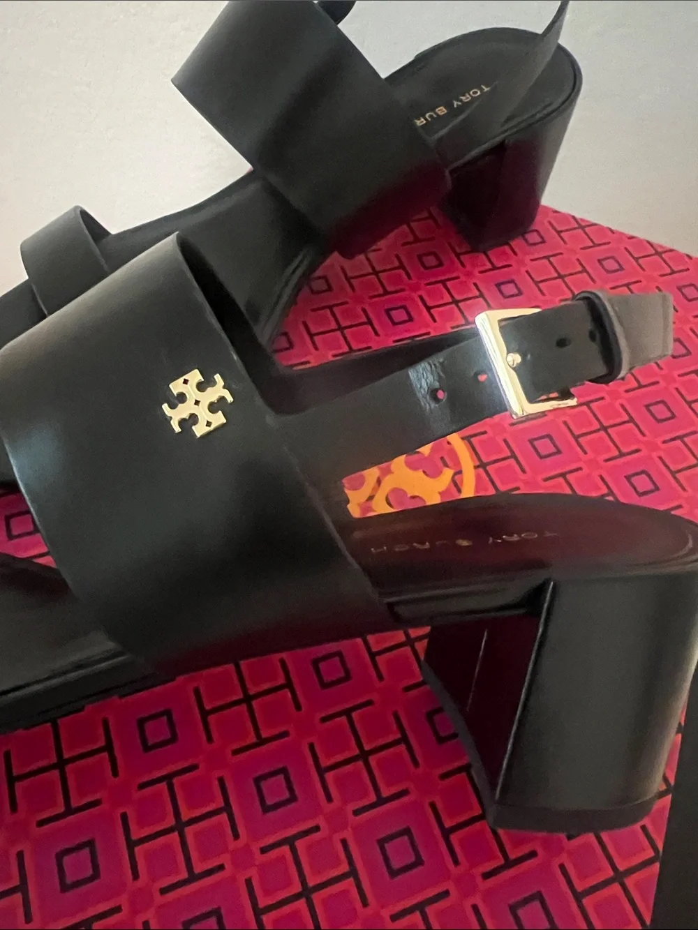 Tory Burch Double T Heel Sandals Black Leather 50mm Block Heel Size 9